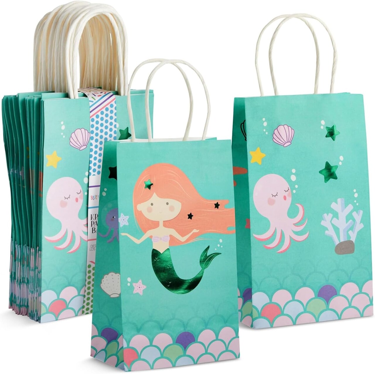 24 Pack Mermaid Gift Bags with Handles for Mermaid Birthday Decorations, Goodies, Treats (5.3 x 3.2 x 9 In Under The Sea Party Bags)